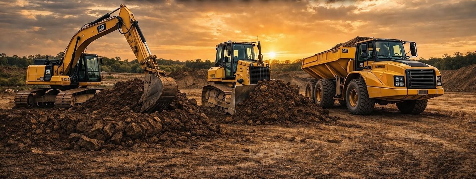 C2 Land Works excavator, dozer and haul truck working a Southeast Texas dirt work and site prep job at sunset